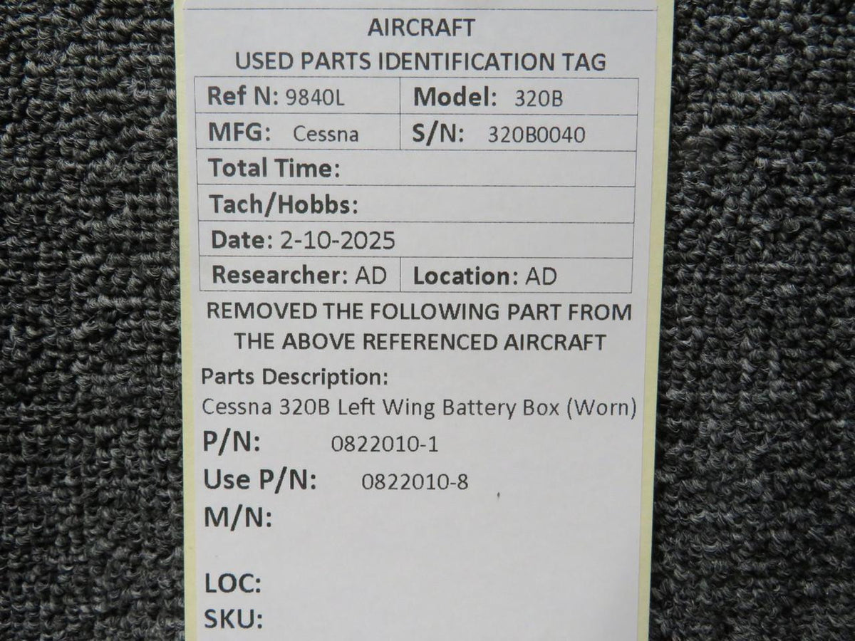 Cessna Aircraft Parts 0822010-1 (Use: 0822010-8) Cessna 320B Left Wing Battery Box (Worn)