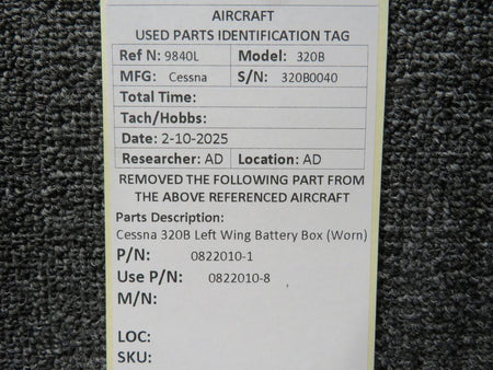 Cessna Aircraft Parts 0822010-1 (Use: 0822010-8) Cessna 320B Left Wing Battery Box (Worn)