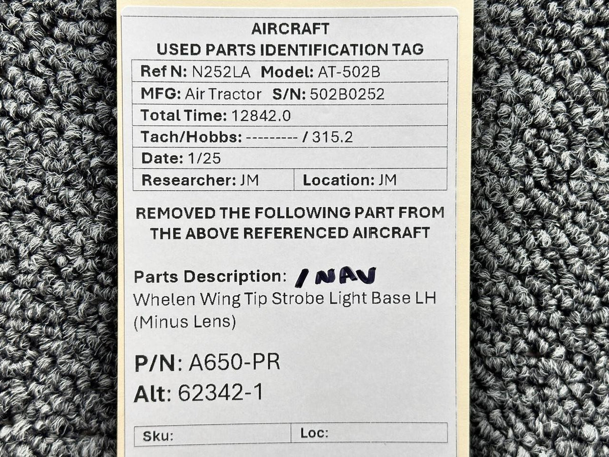 Whelen A650-PR (Alt: 62342-1) Whelen Wing Tip Strobe, Nav Light Base LH (Minus Lens)