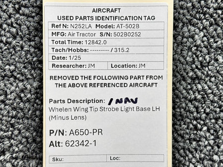 Whelen A650-PR (Alt: 62342-1) Whelen Wing Tip Strobe, Nav Light Base LH (Minus Lens)