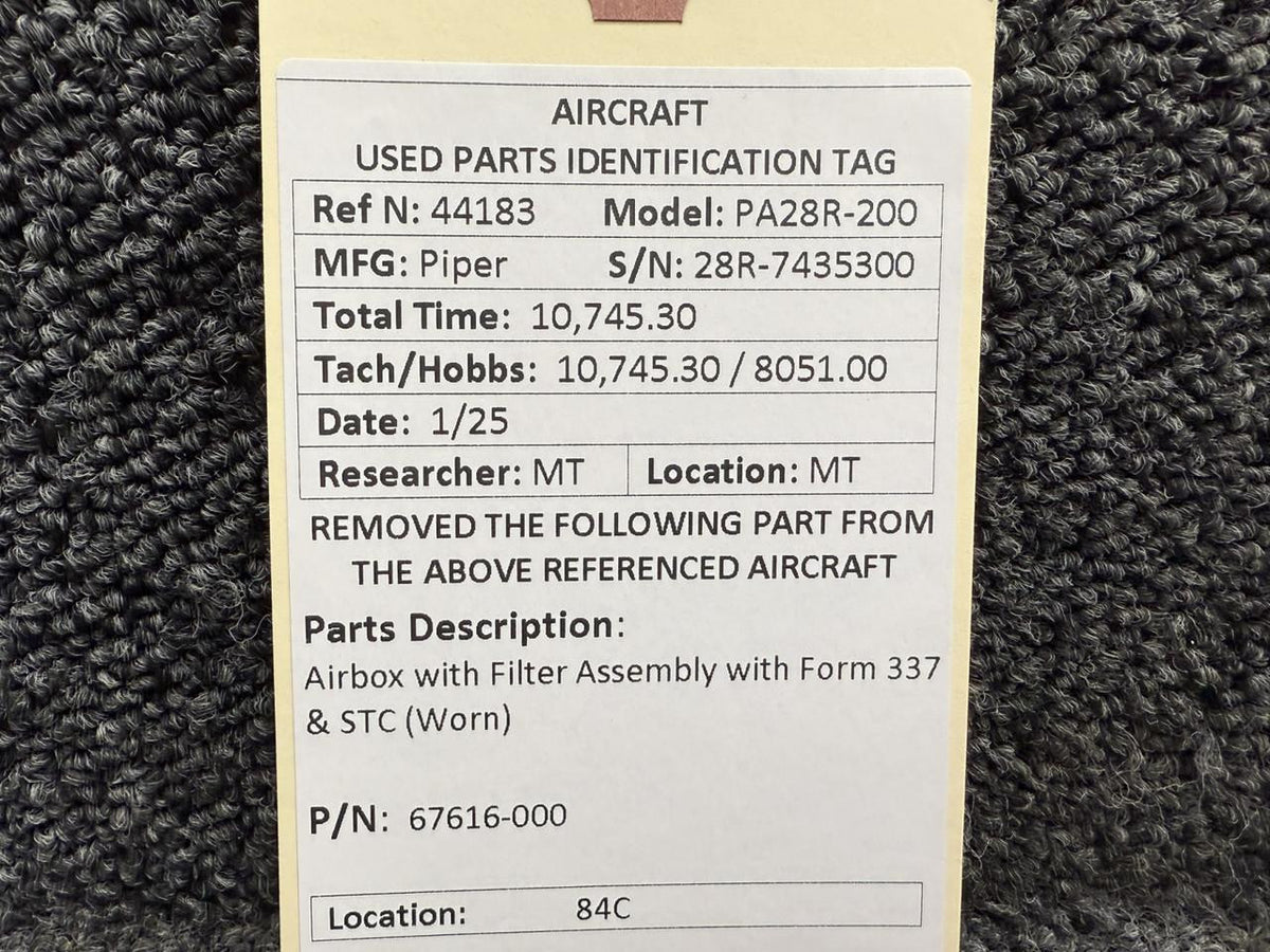 Piper Aircraft Parts 67616-000 Piper PA28R-200 Airbox with Filter Assembly with Form 337 & STC (Worn)