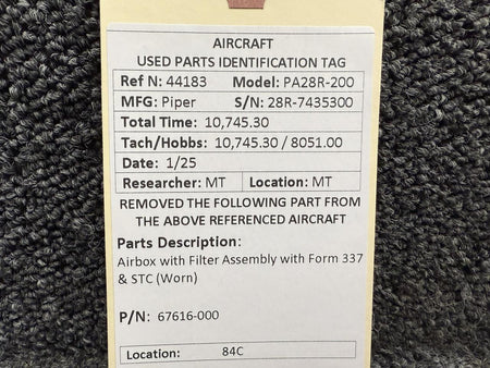 Piper Aircraft Parts 67616-000 Piper PA28R-200 Airbox with Filter Assembly with Form 337 & STC (Worn)