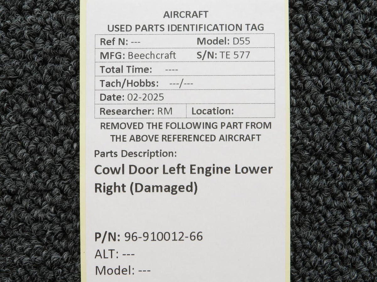 Beechcraft Parts 96-910012-66 Beechcraft D55 Cowl Door Left Engine Lower Right (Damaged)