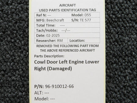Beechcraft Parts 96-910012-66 Beechcraft D55 Cowl Door Left Engine Lower Right (Damaged)