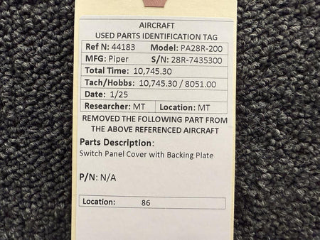 Piper Aircraft Parts Piper PA28R-200 Switch Panel Cover with Backing Plate
