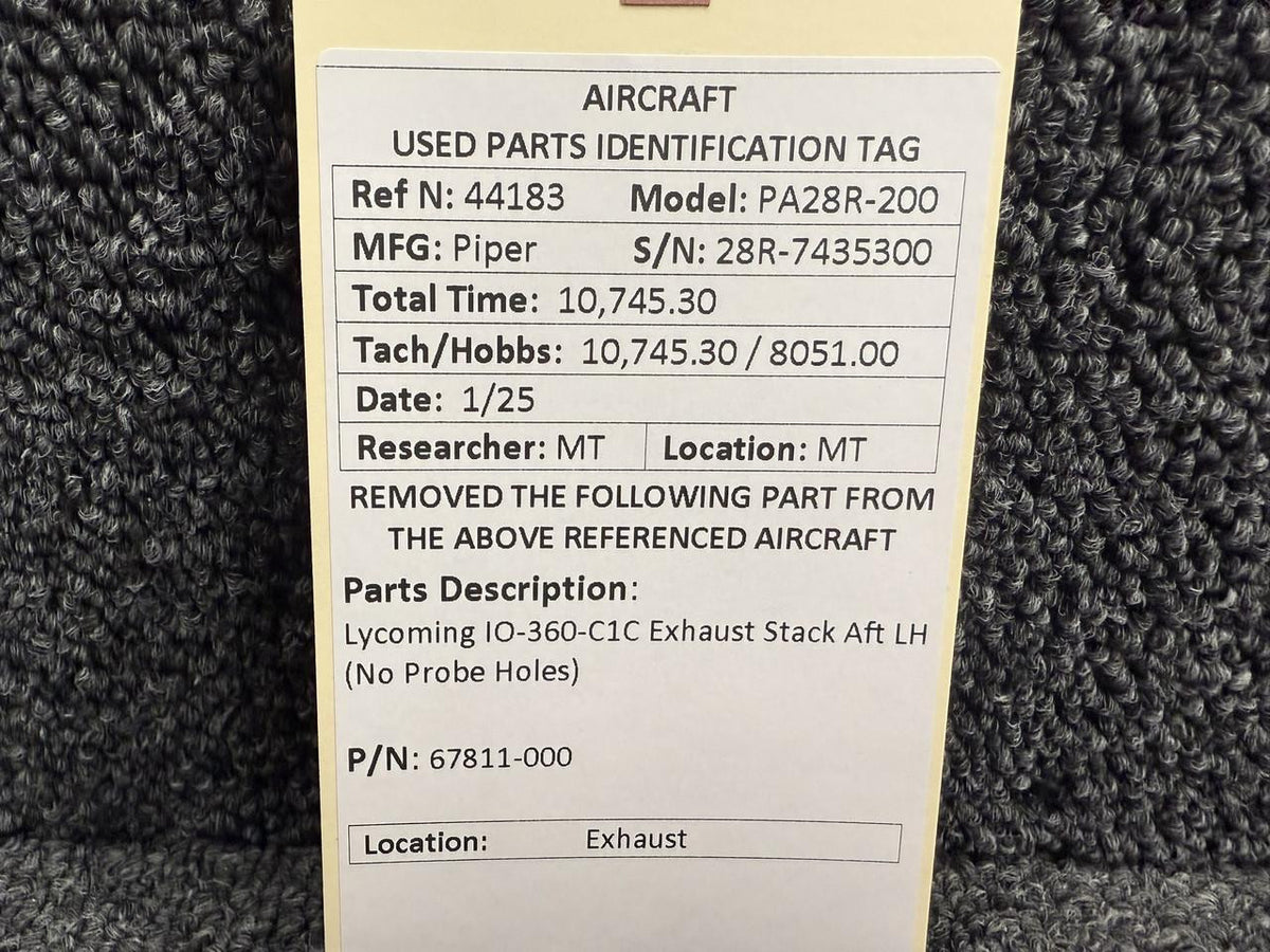 Lycoming Aircraft Engines & Parts 67811-000 Lycoming IO-360-C1C Exhaust Stack Aft LH (No Probe Holes)