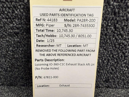 Lycoming Aircraft Engines & Parts 67811-000 Lycoming IO-360-C1C Exhaust Stack Aft LH (No Probe Holes)