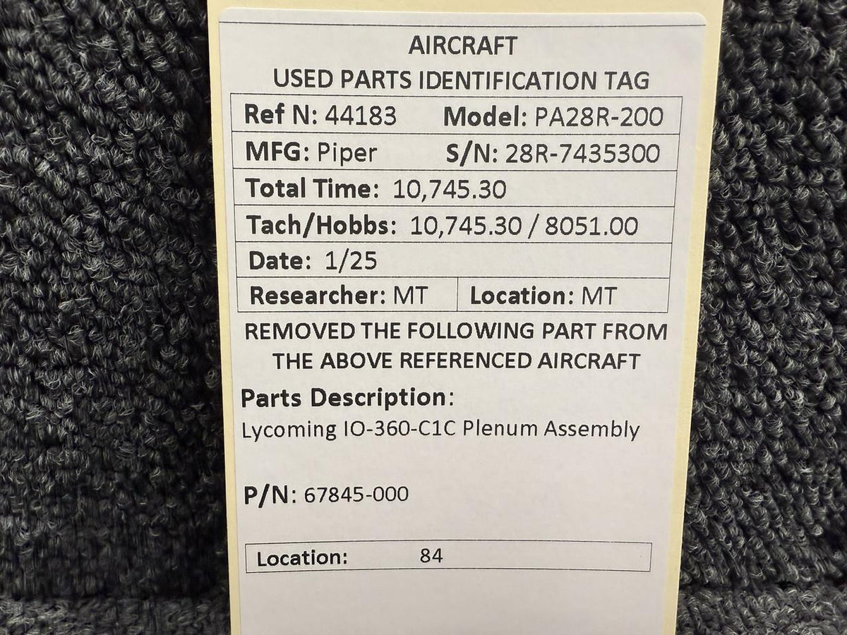 Lycoming Aircraft Engines & Parts 67845-000 Piper PA28R-200 Lycoming IO-360-C1C Plenum Assembly