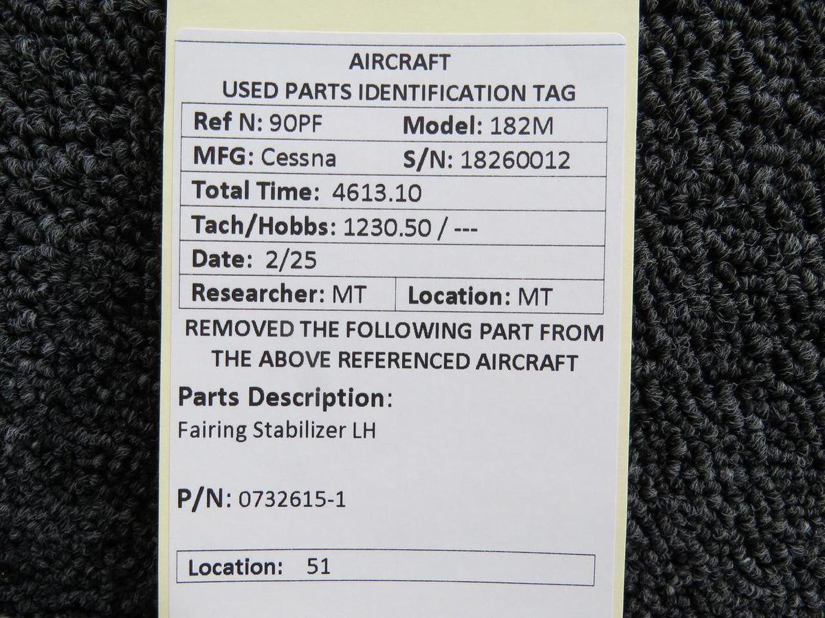 Cessna Aircraft Parts 0732615-1 Cessna 182M Fairing Stabilizer LH