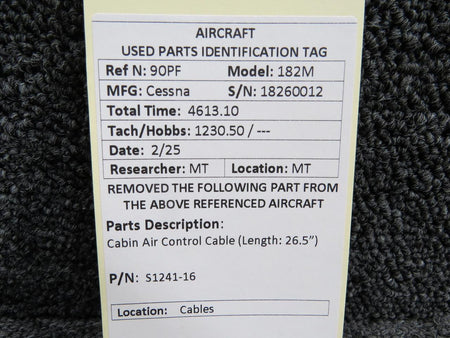 Cessna Aircraft Parts S1241-16 Cessna 182M Cabin Air Control Cable (Length: 26.5”)