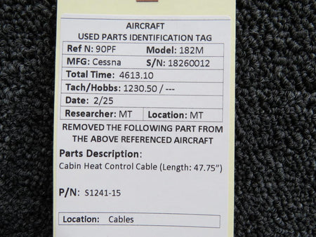 Cessna Aircraft Parts S1241-15 Cessna 182M Cabin Heat Control Cable (Length: 47.75”)