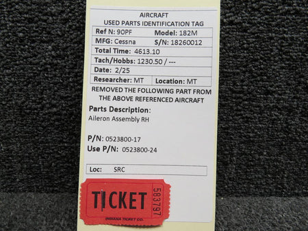 Cessna Aircraft Parts 0523800-17 (Use: 0523800-24) Cessna 182M Aileron Assembly RH