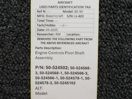 Beechcraft Parts 50-524502 Beechcraft BE-90 Engine Controls Pivot Shaft Assembly