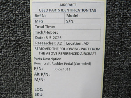 Beechcraft Parts 35-524011 Beechcraft Rudder Pedal (Corroded)