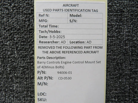 Barry Controls 94006-01 (Alt:CD-0530) Barry Controls Engine Control Mount Set of 4 (Minus Bolts)
