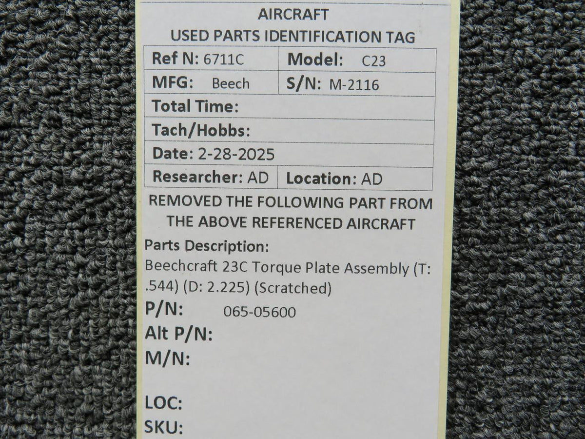 Beechcraft Parts 065-05600 Beechcraft 23C Torque Plate Assembly (T: .544) (D: 2.225) (Scratched)