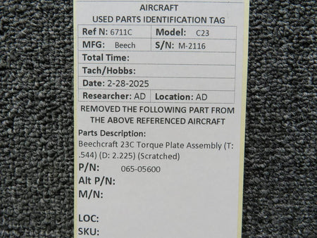 Beechcraft Parts 065-05600 Beechcraft 23C Torque Plate Assembly (T: .544) (D: 2.225) (Scratched)