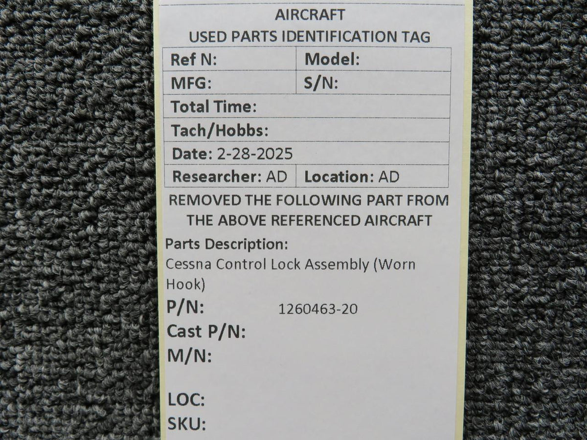 Cessna Aircraft Parts 1260463-20 Cessna Control Lock Assembly (Worn Hook)