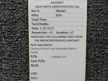 Cessna Aircraft Parts 1260463-20 Cessna Control Lock Assembly (Worn Hook)