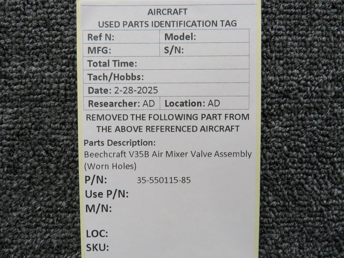 Beechcraft Parts 35-550115-85 Beechcraft V35B Air Mixer Valve Assembly (Worn Holes)