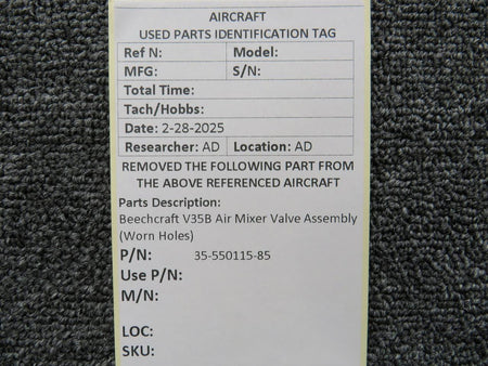 Beechcraft Parts 35-550115-85 Beechcraft V35B Air Mixer Valve Assembly (Worn Holes)