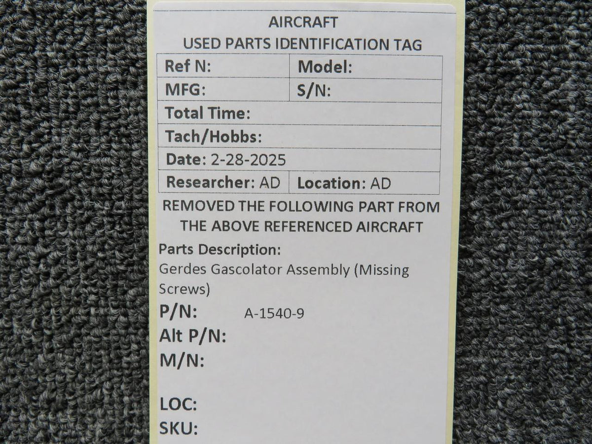 Gerdes A-1540-9 Gerdes Gascolator Assembly (Missing Screws)