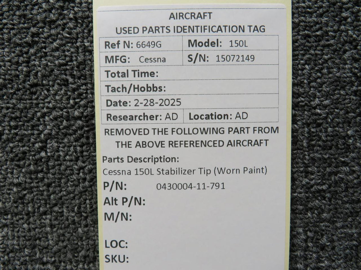 Cessna Aircraft Parts 0430004-11-791 Cessna 150L Stabilizer Tip (Worn Paint)