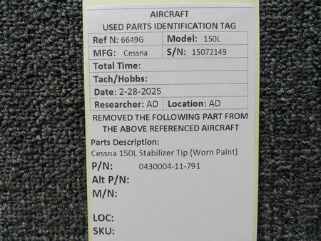 Cessna Aircraft Parts 0430004-11-791 Cessna 150L Stabilizer Tip (Worn Paint)