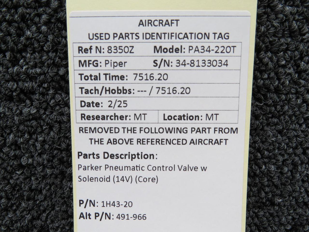 Parker 1H43-20 (Alt: 491-966) Parker Pneumatic Control Valve w Solenoid (14V) (Core)