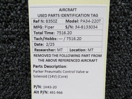 Parker 1H43-20 (Alt: 491-966) Parker Pneumatic Control Valve w Solenoid (14V) (Core)