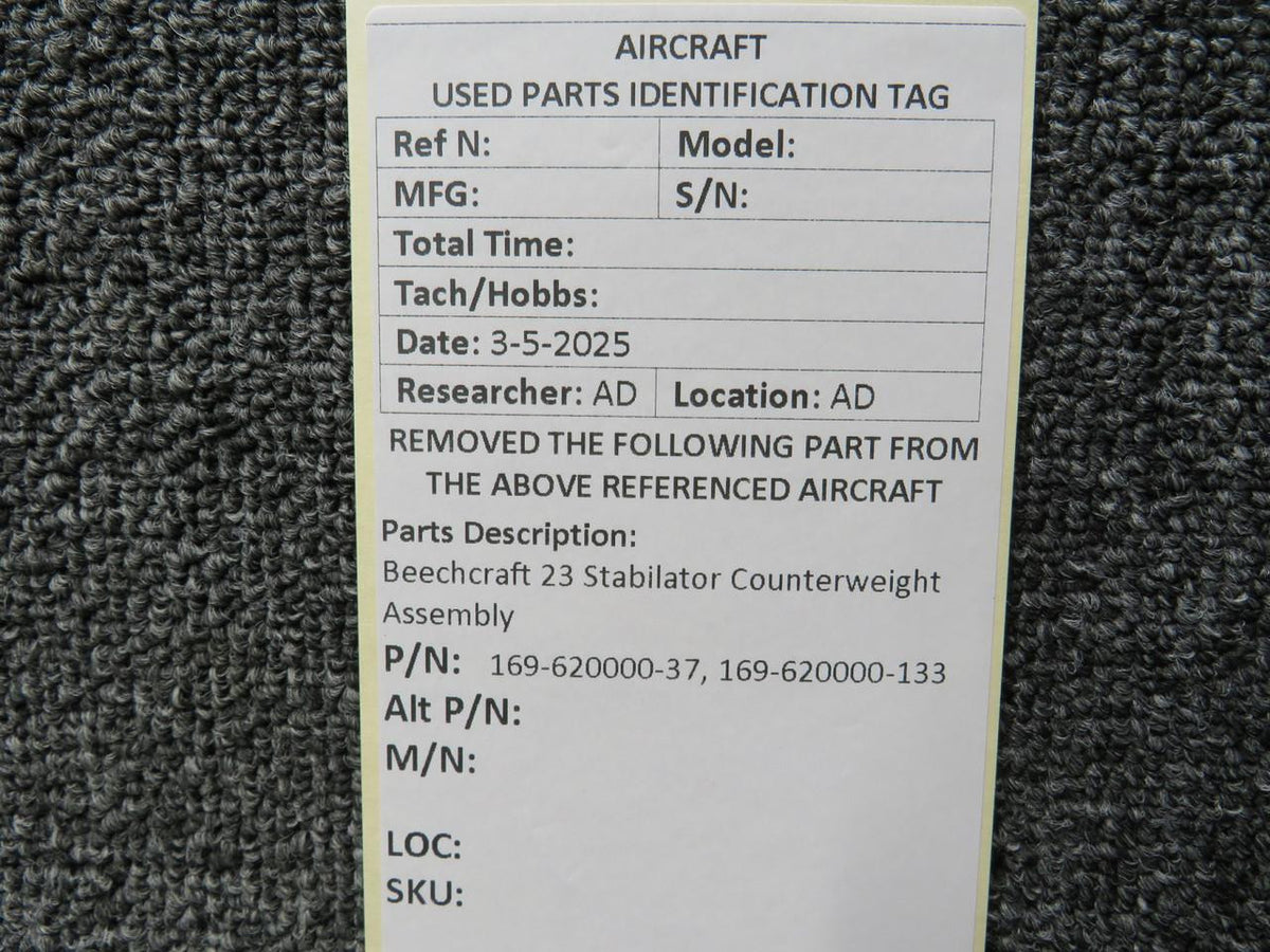 Beechcraft Parts 169-620000-37, 169-620000-133 Beechcraft 23 Stabilator Counterweight Assembly