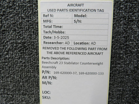 Beechcraft Parts 169-620000-37, 169-620000-133 Beechcraft 23 Stabilator Counterweight Assembly