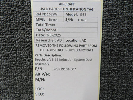Beechcraft Parts 96-919101-607 Beechcraft E-55 Induction System Duct Assembly