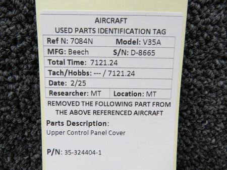 Beechcraft Parts 35-324404-1 Beech V35A Upper Control Panel Cover