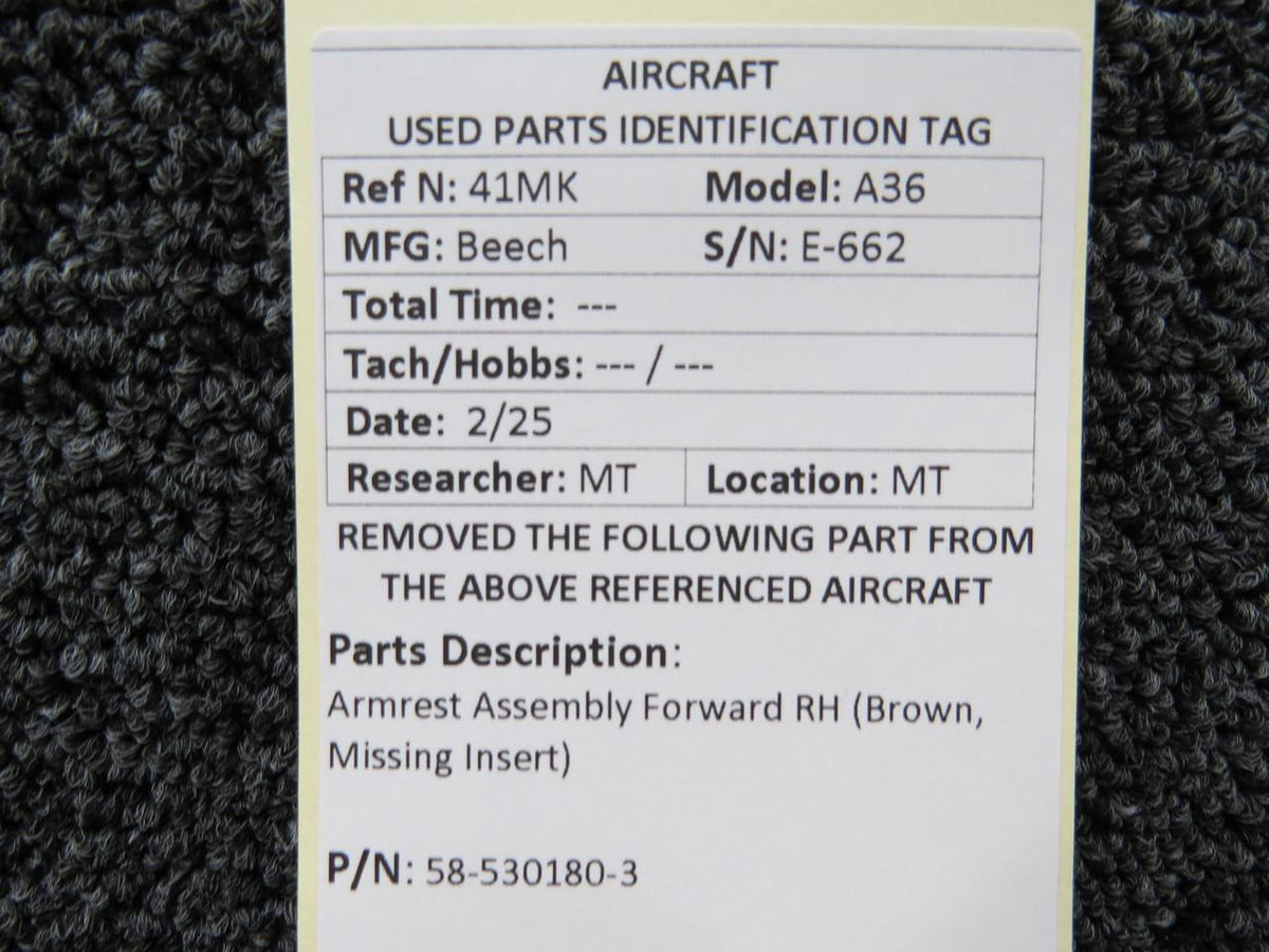 Beechcraft Parts 58-530180-3 Beechcraft A36 Armrest Assembly Forward RH (Brown, Missing Insert)