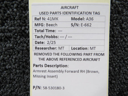 Beechcraft Parts 58-530180-3 Beechcraft A36 Armrest Assembly Forward RH (Brown, Missing Insert)