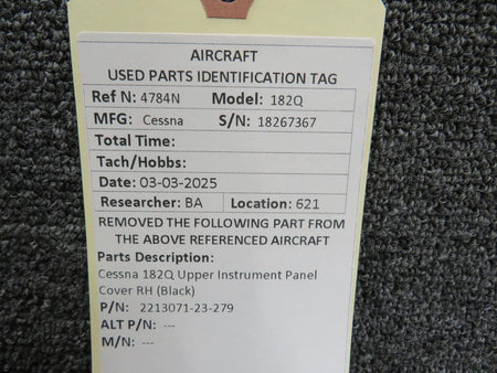 Cessna Aircraft Parts 2213071-23-279 Cessna 182Q Upper Instrument Panel Cover RH (Black)