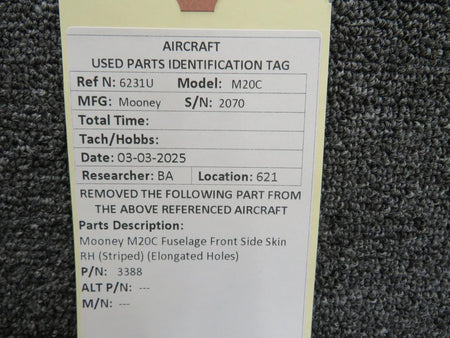 Mooney Aircraft Parts & Accessories 3388 Mooney M20C Fuselage Front Side Skin RH (Striped) (Elongated Holes)