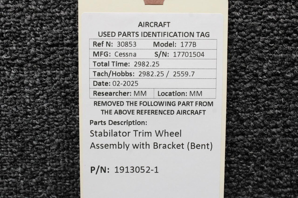 Cessna Aircraft Parts 1913052-1 Cessna 177B Stabilator Trim Wheel Assembly with Bracket (Bent)