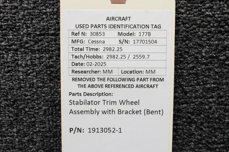 Cessna Aircraft Parts 1913052-1 Cessna 177B Stabilator Trim Wheel Assembly with Bracket (Bent)