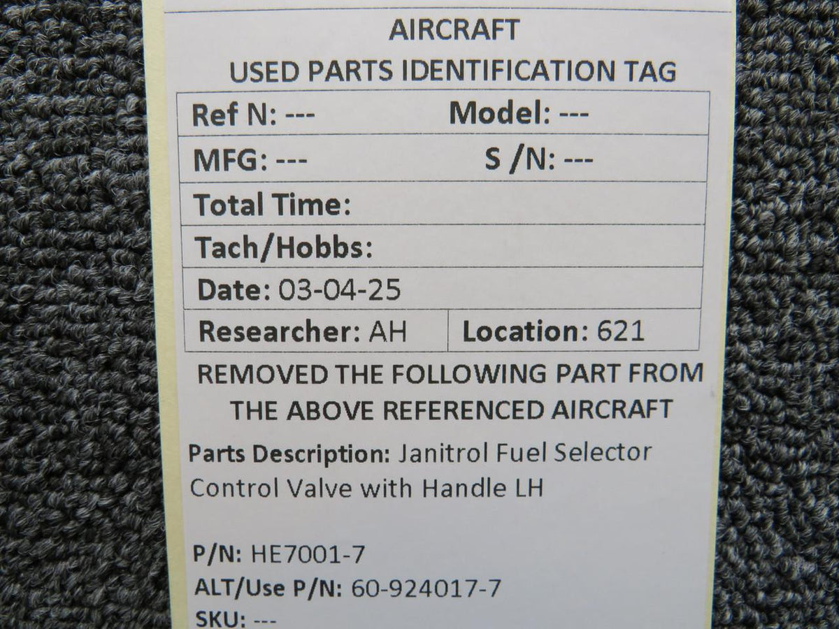 Janitrol HE7001-7, 60-924017-7 Janitrol Fuel Selector Control Valve with Handle LH