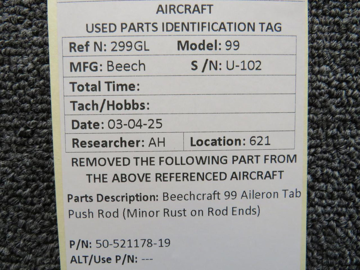 Beechcraft Parts 50-521178-19 Beechcraft 99 Aileron Tab Push Rod (Minor Rust on Rod Ends)