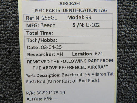 Beechcraft Parts 50-521178-19 Beechcraft 99 Aileron Tab Push Rod (Minor Rust on Rod Ends)