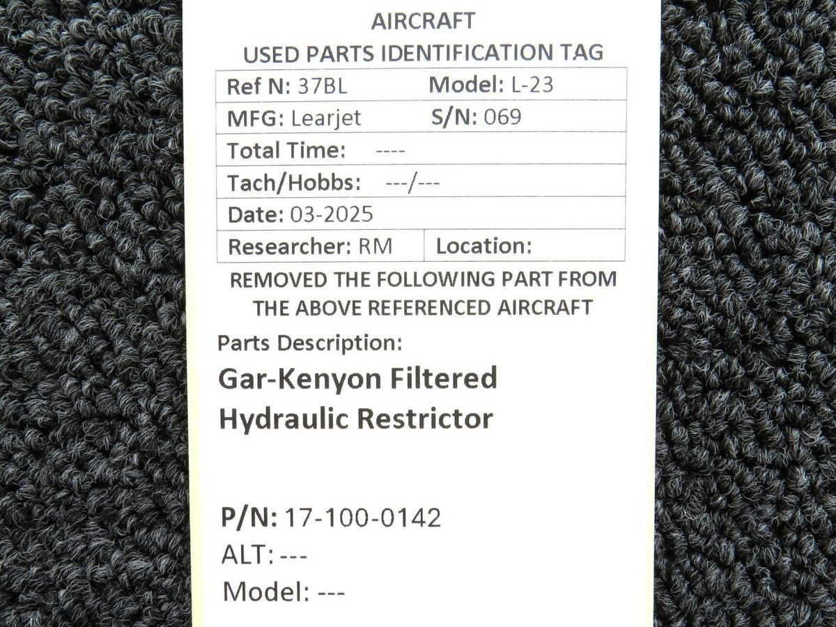 LearJet 17-100-0142 Learjet L-23 Gar-Kenyon Filtered Hydraulic Restrictor