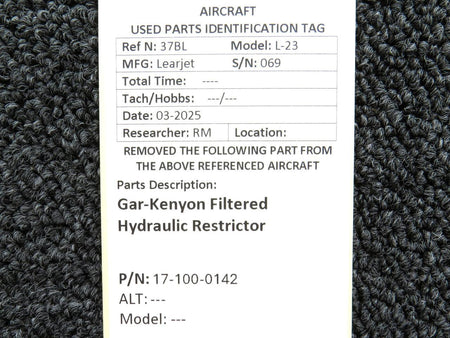 LearJet 17-100-0142 Learjet L-23 Gar-Kenyon Filtered Hydraulic Restrictor