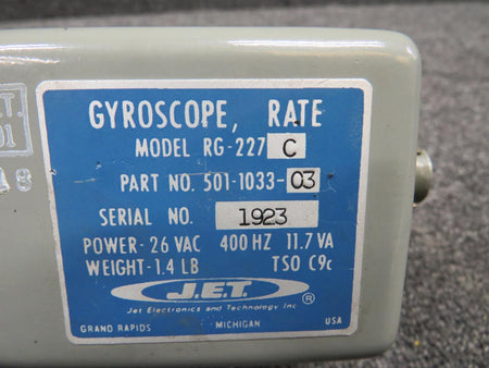 JET Electronics 501-1033-03 Jet Electronics RG-227C Gyroscope Rate Unit (Inop) (Core) (26V)
