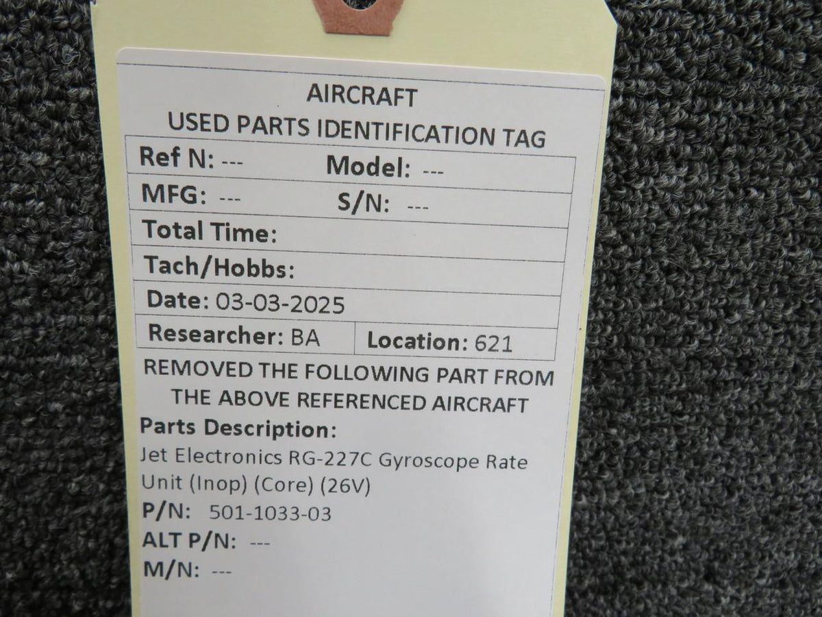 JET Electronics 501-1033-03 Jet Electronics RG-227C Gyroscope Rate Unit (Inop) (Core) (26V)