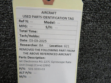 JET Electronics 501-1033-03 Jet Electronics RG-227C Gyroscope Rate Unit (Inop) (Core) (26V)