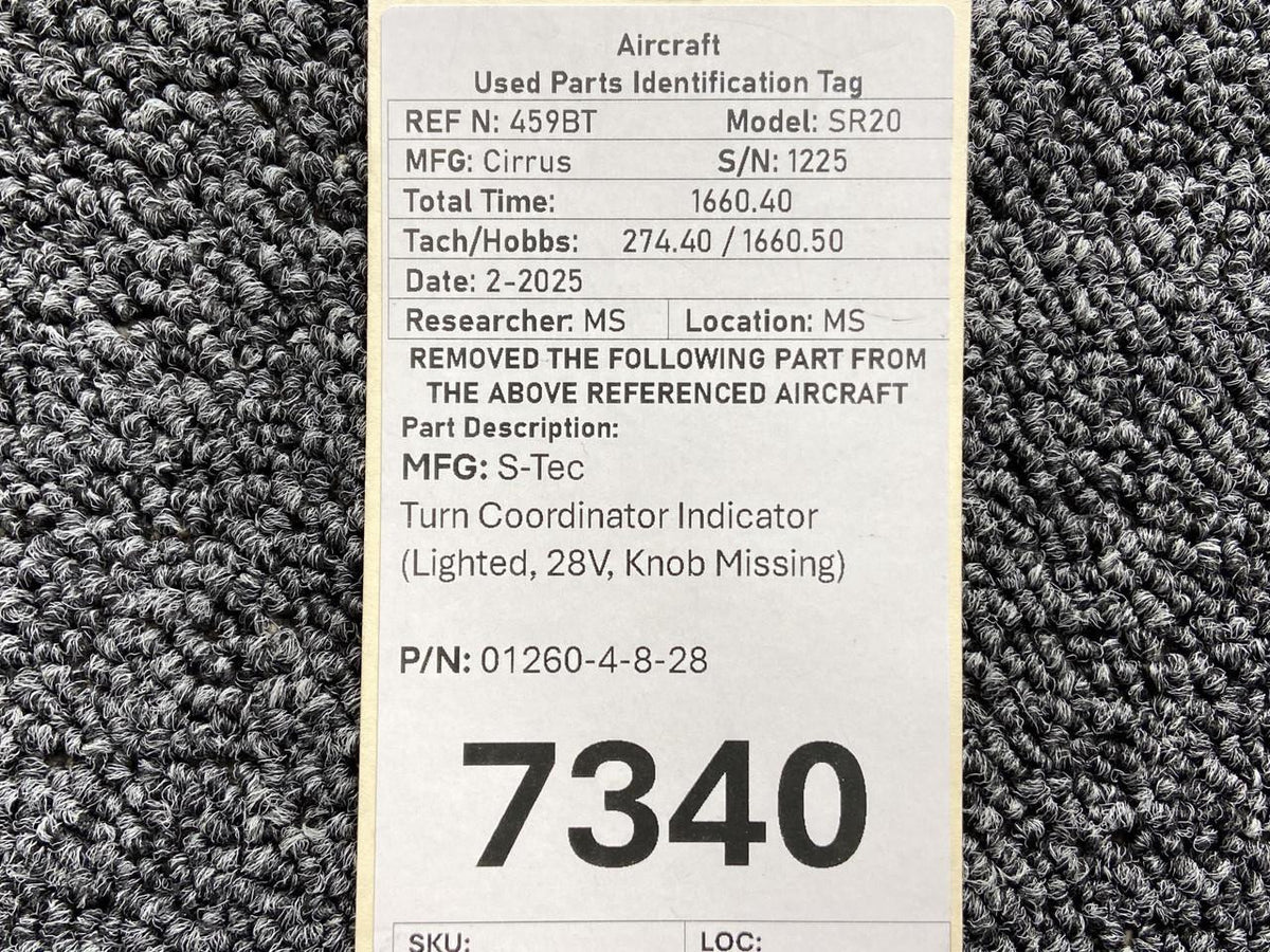 S-Tec Aviation Parts 01260-4-8-28 S-Tec Turn Coordinator Indicator (Lighted, 28V, Knob Missing)