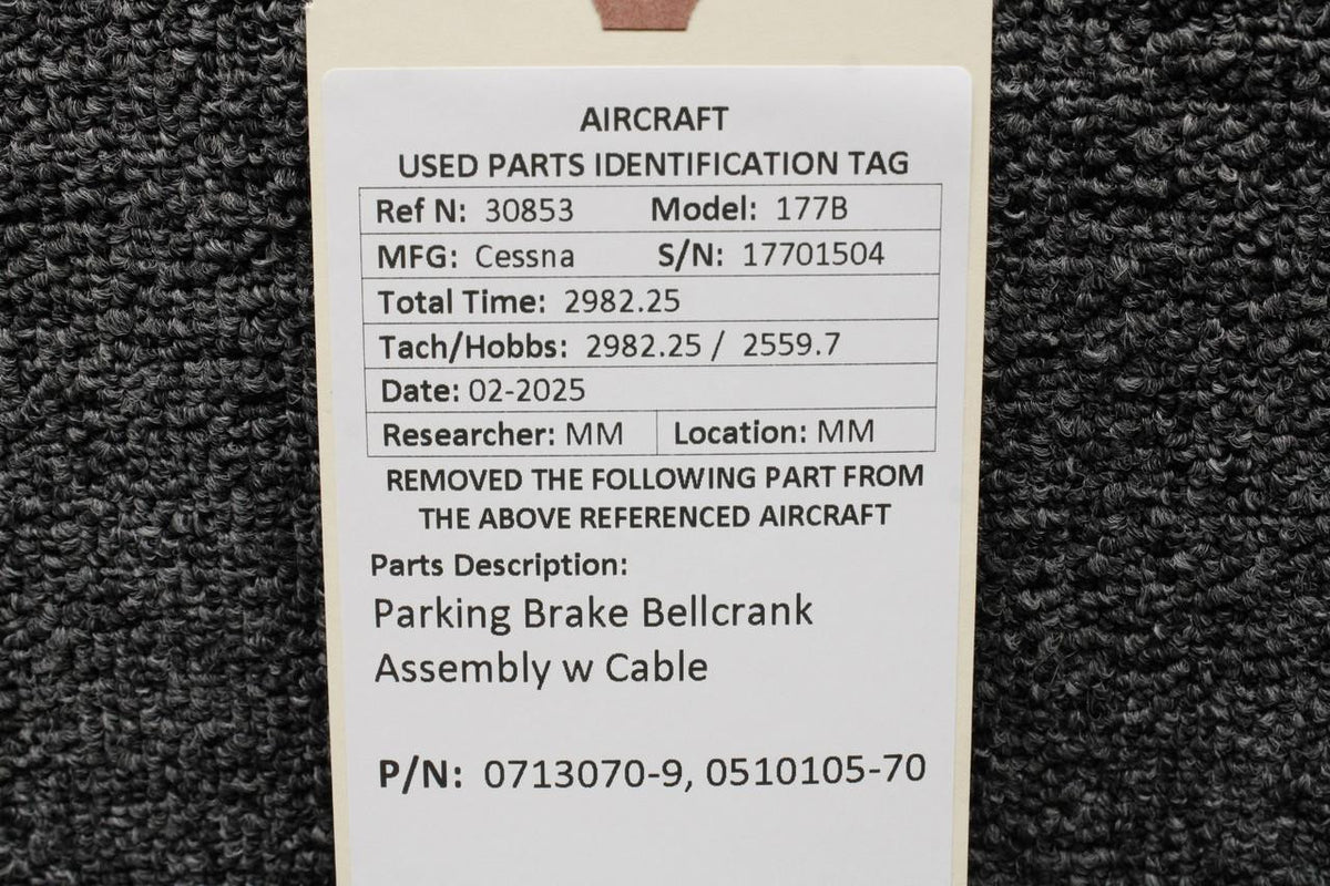 Cessna Aircraft Parts 0713070-9, 0510105-70 Cessna 177B Parking Brake Bellcrank Assembly w Cable